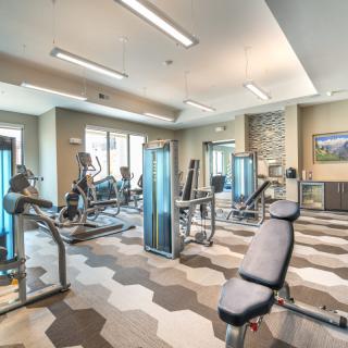 A modern gym equipped with various exercise machines and weights.