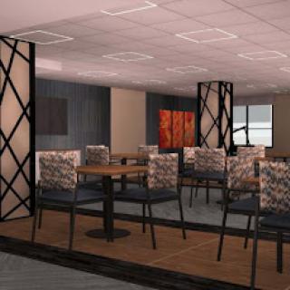 A modern dining area featuring stylish furniture and an inviting atmosphere.