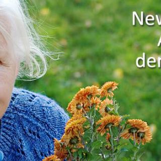 Elderly woman enjoying autumn flowers in a garden.