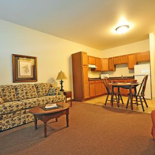 A cozy apartment featuring a living room and kitchenette, perfect for comfortable living.