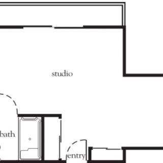 A simple floor plan of a studio apartment with labeled entry and bath areas.