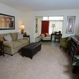 A cozy living room with a sofa, armchair, coffee table, and decorative elements.