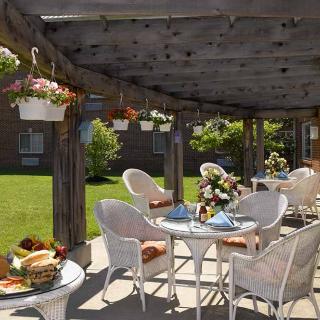 A charming outdoor patio with white wicker furniture under a pergola, featuring hanging plants and set tables on a sunny day.