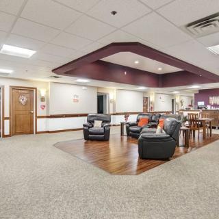 A modern lobby with comfortable seating and a stylish design.
