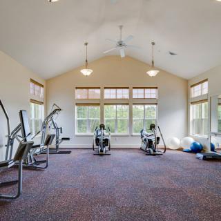 A well-lit gym with various exercise machines and large windows.