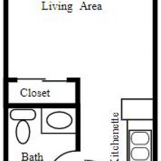 A simple studio apartment floor plan with a living area, kitchenette, bathroom, and closet.