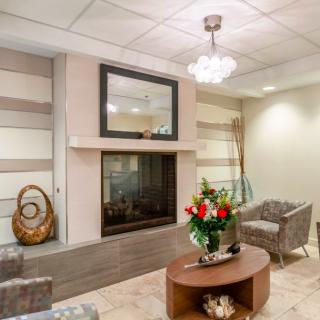A modern living room with a central fireplace, stylish furniture, and elegant decorations.