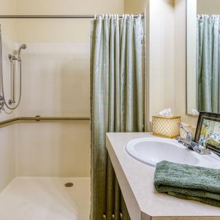 A well-organized bathroom with a shower area and a neatly arranged sink.