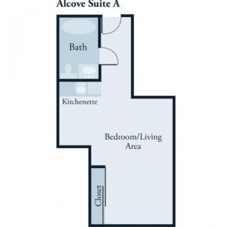 Floor plan of Alcove Suite A featuring a bedroom/living area, kitchenette, and bath.