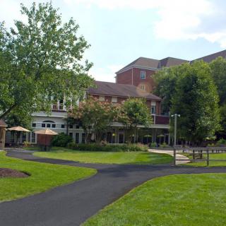 A scenic view of a building surrounded by greenery and a paved pathway.