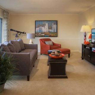 A cozy living room featuring a sofa, armchair, telescope, and decorative elements.