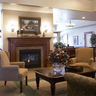 A cozy living room with a fireplace, comfortable seating, and elegant decor.