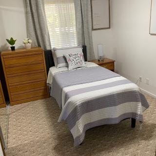 A cozy bedroom with a single bed and minimalist decor.