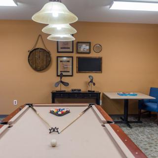 A cozy game room featuring a pool table and various decor items on the wall.