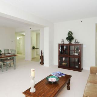 A spacious living room with a wooden coffee table and a cabinet, adjacent to a dining area.