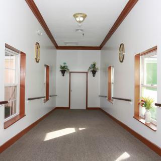 A well-lit hallway with symmetrical windows and decorative plants.