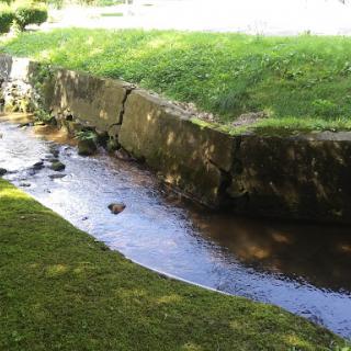 A serene stream gently flowing through a grassy landscape.