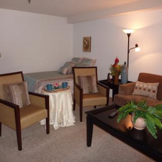 A cozy living space featuring armchairs, a coffee table with a plant, and a lamp in the corner, adjacent to a small sleeping area.