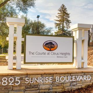 Entrance sign for The Courts of Citrus Heights on Sunrise Boulevard.