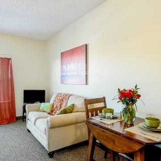 A cozy living room with a sofa, dining table with flowers, and colorful decor.
