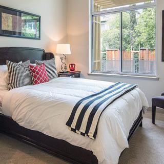 A cozy and well-decorated bedroom with natural light streaming through the window.