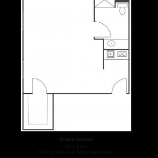Floor plan of a studio apartment with kitchen and bathroom layout.