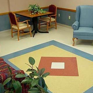 A cozy lounge area with a table, chairs, an armchair, and decorative plants.