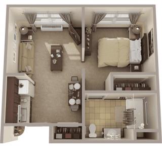 3D floor plan of a one-bedroom apartment featuring a kitchen, living room, bathroom, and bedroom.