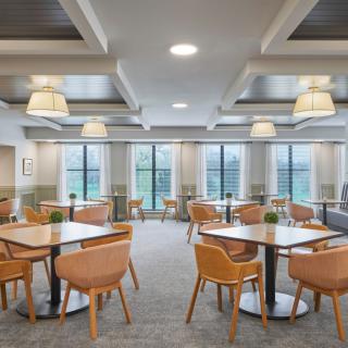 A modern dining area with neatly arranged tables and chairs, illuminated by stylish ceiling lights.