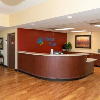 A modern reception area with a curved desk and wooden flooring.