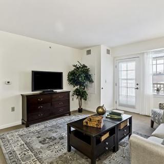 A modern living room with stylish furniture, a TV setup, and abundant natural light.