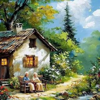 Two seniors enjoying a serene moment outside their charming cottage, surrounded by lush greenery and vibrant flowers.