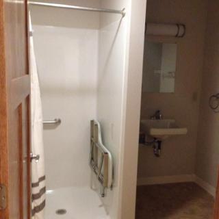 An accessible bathroom with a shower and grab bars, featuring a wall-mounted sink and mirror.