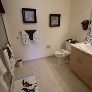 A clean and well-organized bathroom featuring a sink, toilet, and decorative elements.