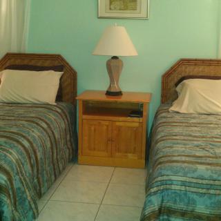 A cozy bedroom with twin beds and a shared nightstand with a lamp.