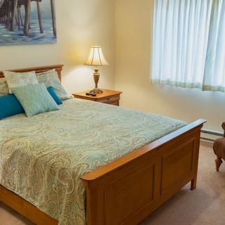 A cozy bedroom with a wooden bed frame, decorative pillows, and a bedside lamp.