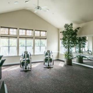 A spacious gym with exercise equipment, large windows, and bright lighting.