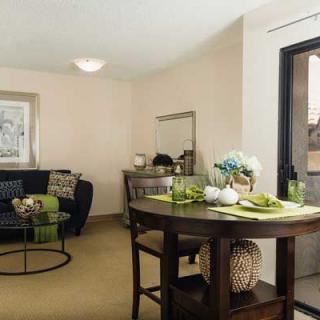 A cozy apartment living room with a dining table and sofa, featuring tasteful interior decor.
