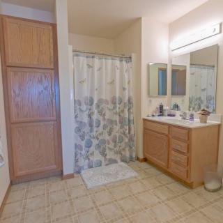 A spacious bathroom featuring a shower, vanity with a mirror, and wooden cabinetry.