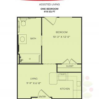 One-bedroom assisted living floor plan layout.