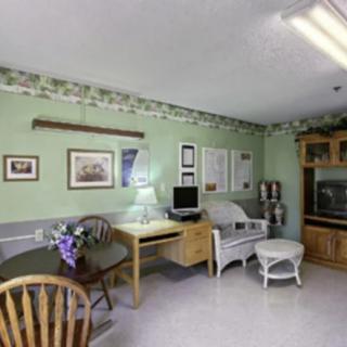 A cozy living room with pastel green walls, furnished with a television cabinet, desk, chair, and decorative floral accents.
