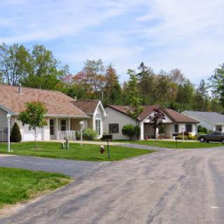 A peaceful neighborhood with well-maintained houses surrounded by greenery.