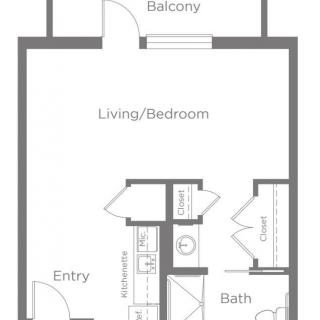 A floor plan of a studio apartment featuring a combined living/bedroom, kitchen area, bathroom, and balcony.
