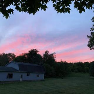 A serene sunset paints the sky in hues of pink, casting a tranquil glow over the landscape.