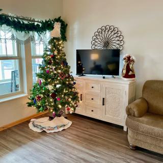 A cozy living room decorated for Christmas with a tree, TV, and sofa.