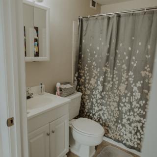 A small bathroom featuring a sink, toilet, and a floral patterned shower curtain.