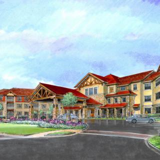 Illustration of a resort-style building with red roofs and landscaped surroundings.
