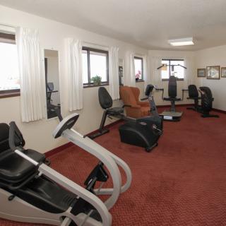 A small gym room equipped with exercise machines on a carpeted floor.