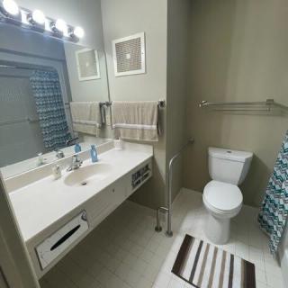 A modern bathroom featuring a large mirror, sink, and toilet with neatly hung towels and a patterned shower curtain.