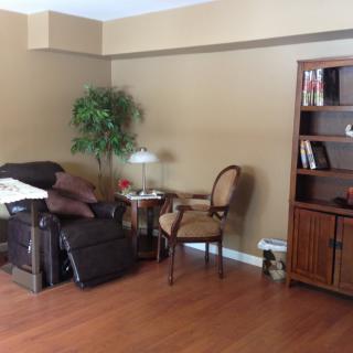 A cozy living room with a chair, bookshelf, and a potted plant on wooden flooring.